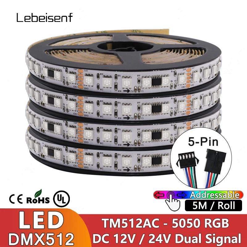 RGB Flex Pixel Light Strip DMX512 1990 Digital Dual Signal Full Color LED Lamp Bar DC 12V 24V 60LEDs/M TM512AC IC Programmable