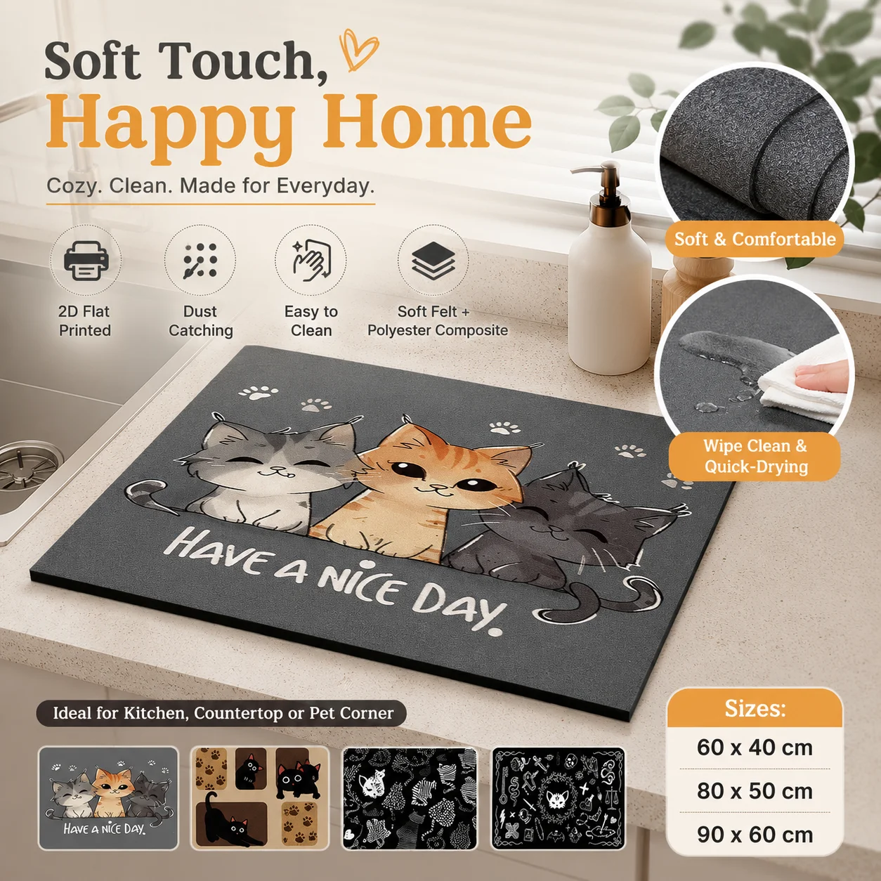 Cute Cat Doormat 2D Flat Printed Felt Polyester Composite Gothic Mystic Animal Floor Rug Anti Slip Entrance Mat for Front Door