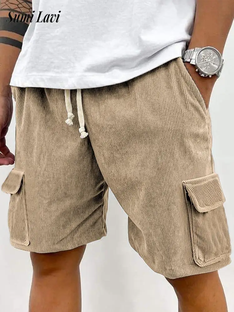

Fashion Multi Pockets Cargo Shorts Mens Vintage Patchwork Texture Ribbed Corduroy Shorts For Men 2025 Summer Casual Loose Shorts