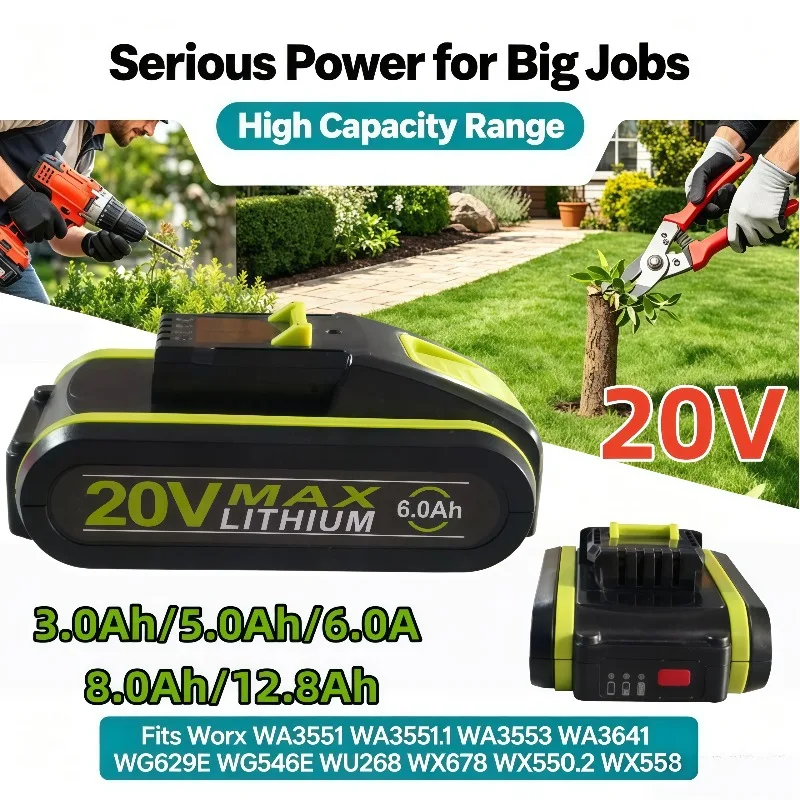 Upgraded Worx 20V Battery Pack 3.0‑12.8Ah Fit WX550.2 WX550 WG629E WG546E WU268 WX678