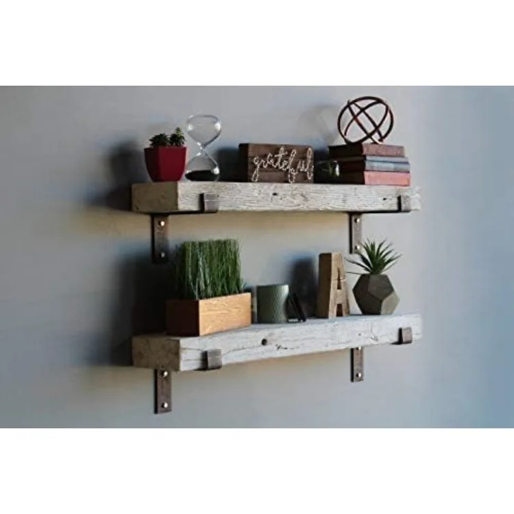 Reclaimed Barn Beam Accent Shelves | Floating or with Brackets Rustic Shelves, Set of 2 (Bracketed White Wash, 40