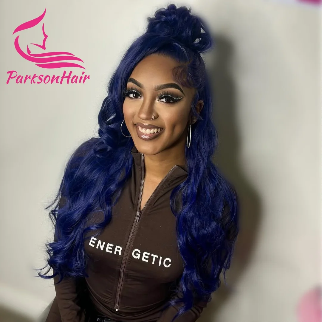 13x6 منتصف الليل الأزرق الشفاف الدانتيل الجبهة خصلات الشعر المستعار الإنسان للنساء 4x4 الدانتيل إغلاق شعر مستعار الجسم موجة الأزرق الداكن خصلات الشعر المستعار الإنسان