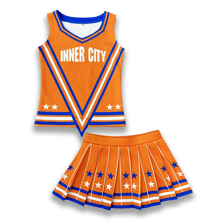 ชุดเชียร์ลีดเดอร์แบบกำหนดเอง ผ้าซับลิเมชั่น ยืดหยุ่น กระโปรงและเสื้อเจอร์ซีย์สำหรับผู้หญิงและเด็กนักเรียน