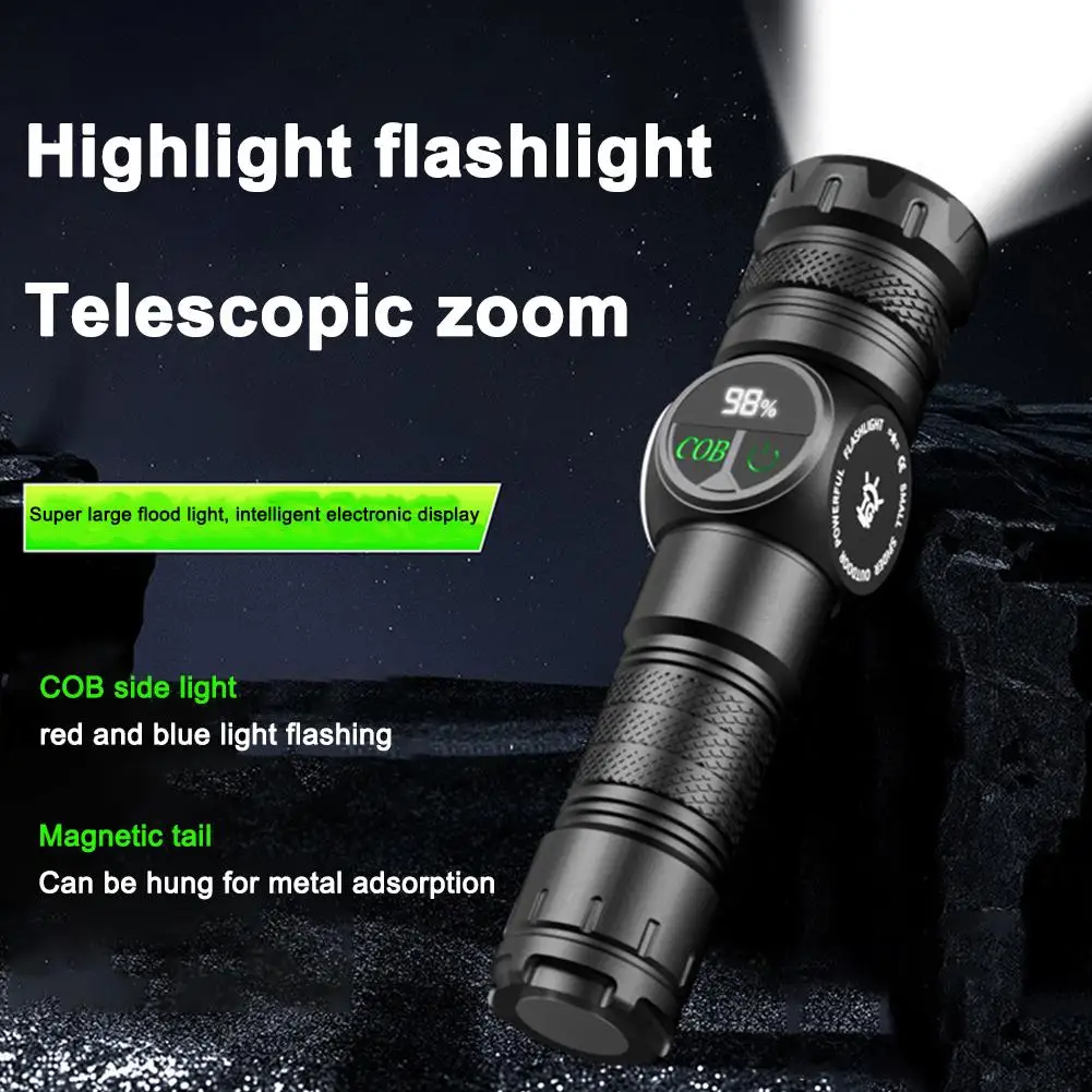 LED Flashlights USB Rechargeable Magnetic Tactical Torch With COB Side Light Camping Fishing Zoom Lantern LCD Digital Display