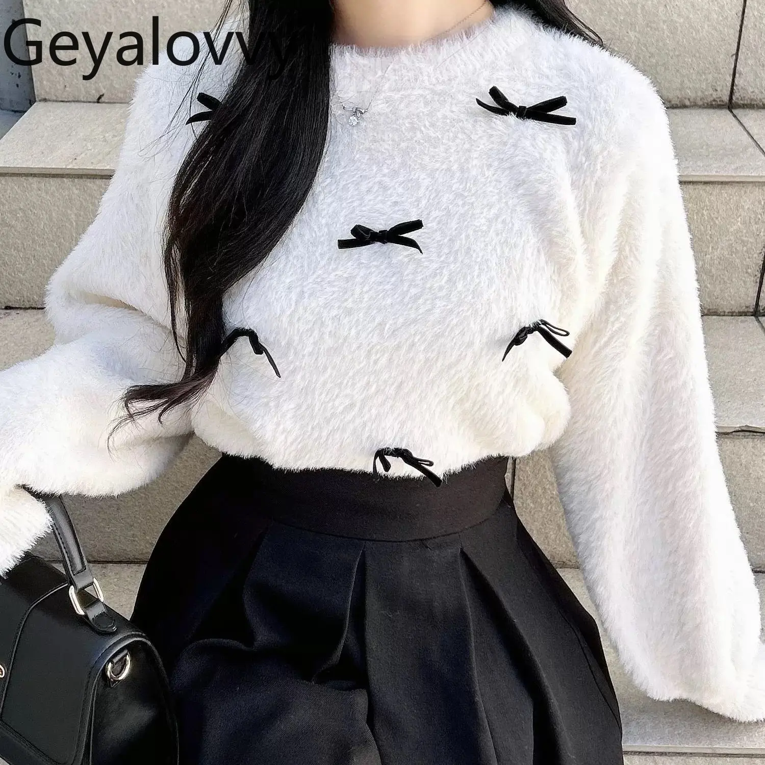 

2026 New Spring and Autumn Bowknot Fluffy Pullover Sweater Top Solid Color Japanese Style Casual Crew Neck Knitted Sweaters