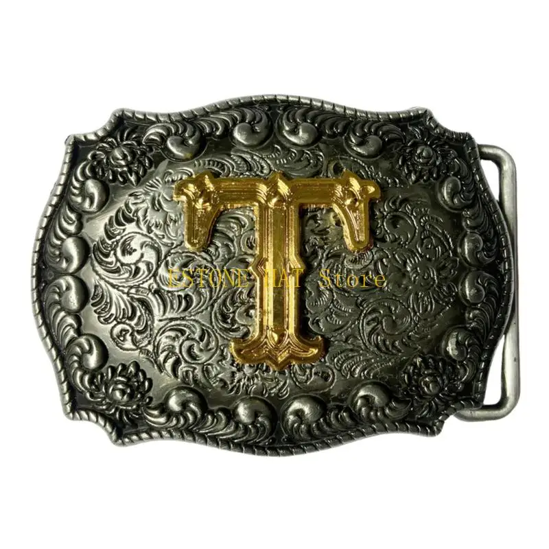 49MF Western Belt Buckle with Initial Center Detail, Antique Metal Contrast and Engraved Scroll Pattern for Outfit Use