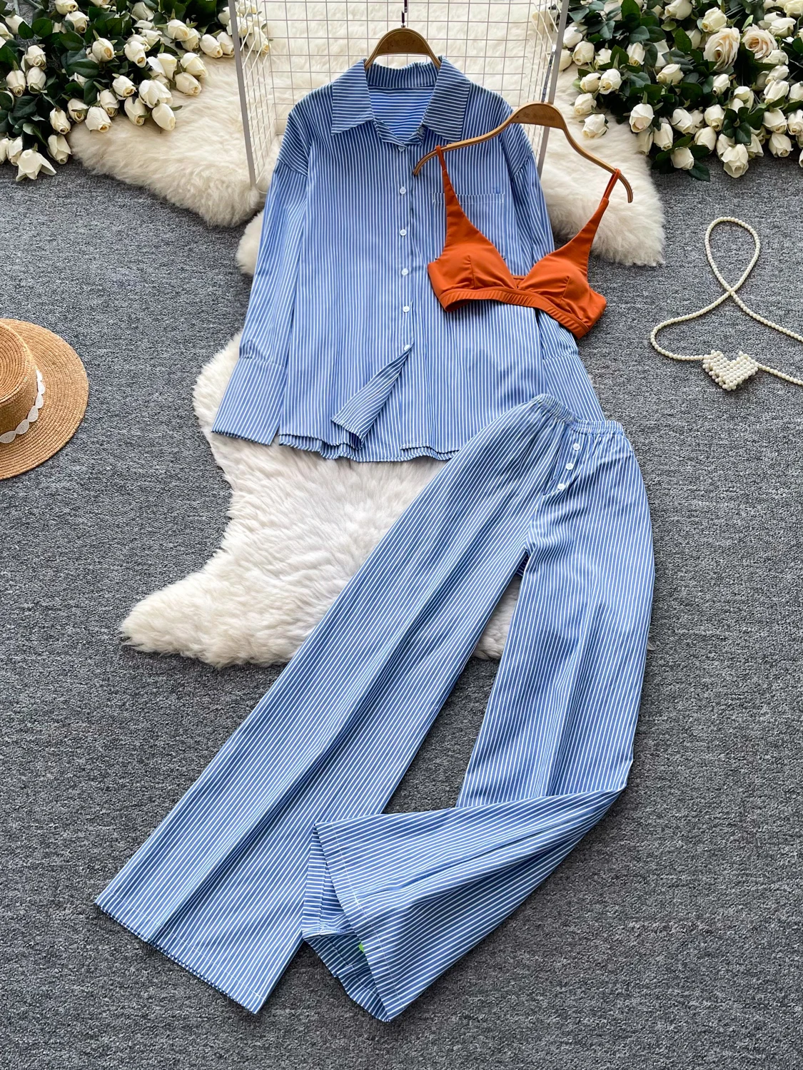 Blue Striped Shirt High Waist Wide Leg Pants Two Piece Set Women's Autumn Commute Lazy Style Quality Set Fashionable Ensemble