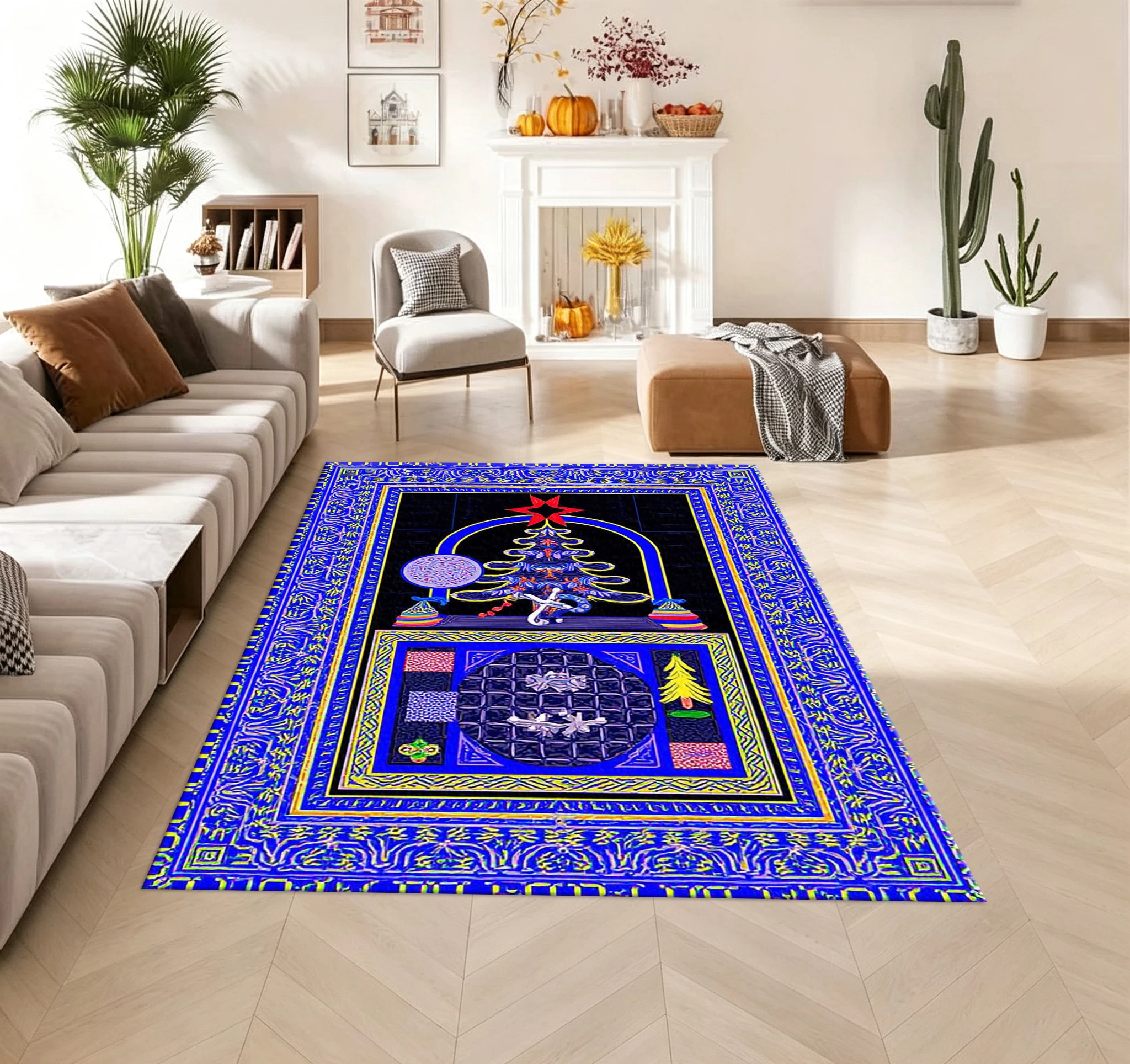 Bohemian Ethnic Style Christmas Element Carpet Retro Border Printed Carpet Living Room Bedroom Home Floor Mat