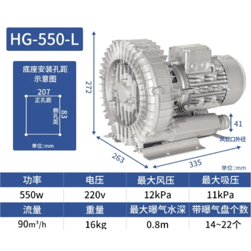 550W / 0.55KW High Pressure Vortex Ring Blower for Fish Pond Aeration – 220V/380V Dual Voltage Industrial Regenerative Air Pump