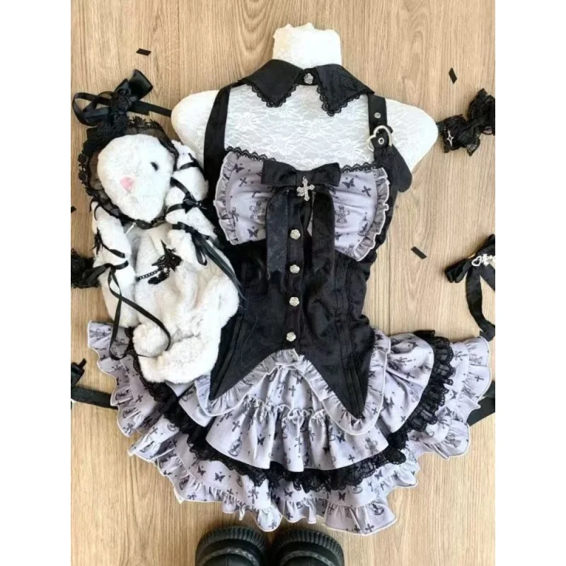 

Летний новый готический кружевной тонкий комплект из 2 предметов для женщин в консервативном стиле с бантом, тонкие топы с разрезом для девочек, винтажная короткая юбка с высокой талией Y2k