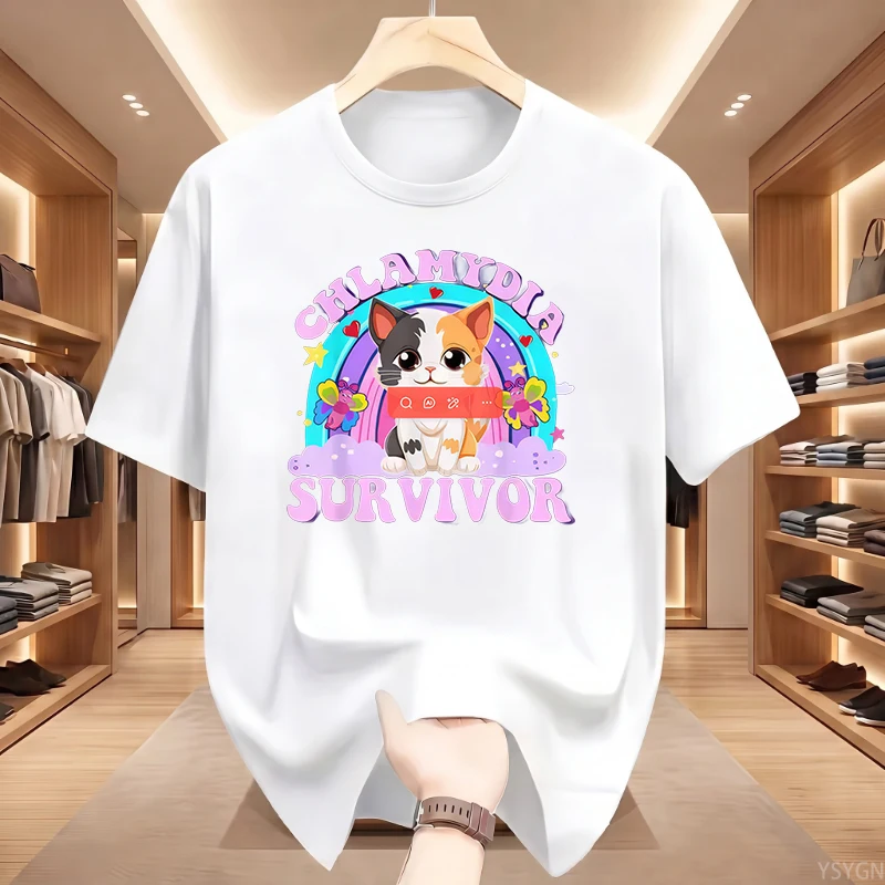 Chlamydia Survivor Cat Expression T-shirt for Womenadult Humorous T-shirt with Unique Cat Patterns, Cat Lovers' Clothing Tops