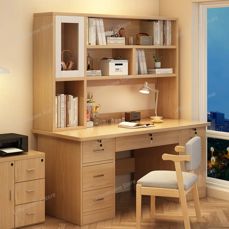 

Modern Desk Desktop Computer Desk with 4 Drawers Bookshelf Integrated Set Bedroom Writing Table Student Home Study Office Table