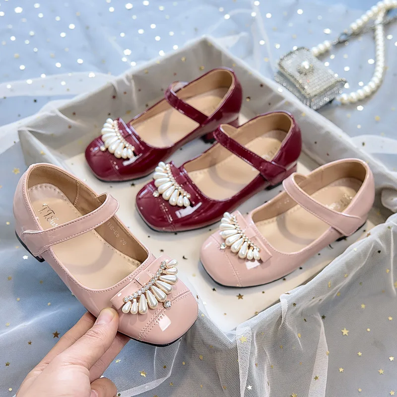 2026 New Girls Low Heel Shoes Spring Autumn Kids Pearl Leather Shoes Little Girls Fashion Mary Jane Princess Single Shoes