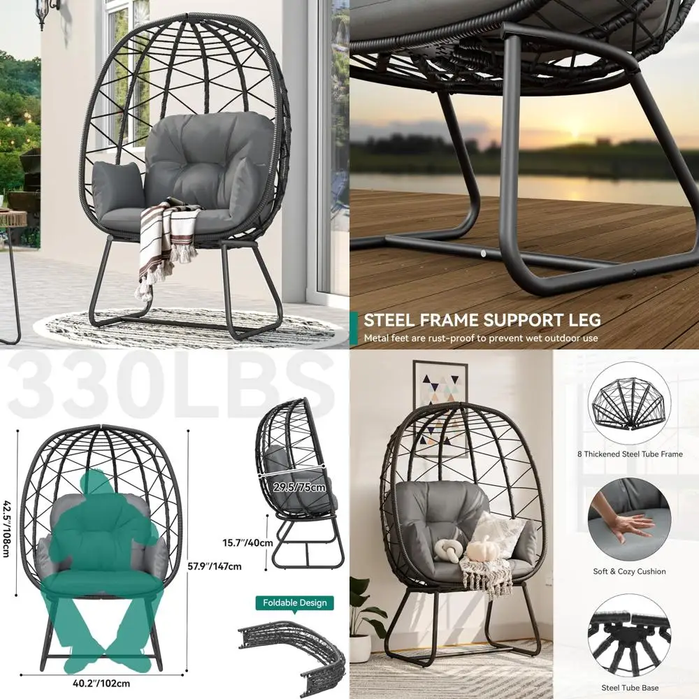 

Egg Lounge Chair with Cushion, Indoor/Outdoor Wicker Rattan Chair for Patio or Garden