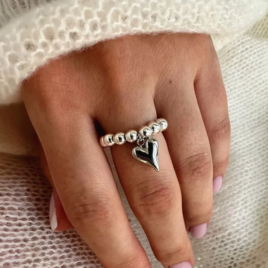 Vintage Handmade Beaded Elastic String Love Heart Pendant Rings for Women Girl Silver Color CCB Bead Adjustable Ring Jewelry