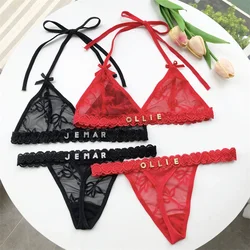 Custom Name Crystal Letter Thong Lace tie Hanging neck Bikini Bra Panties Sexy Personalized Name G-String Underwear Bra Set