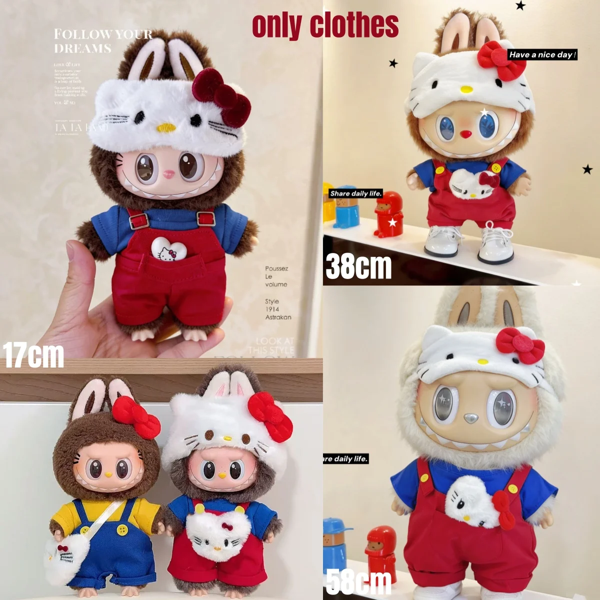 

Модный костюм с маской для глаз и брюками на подтяжках в стиле милого кота для мини-кукол Labubu 17 см, 38 см, 58 см. Аксессуары для кукол, наряды, игрушка, подарок.