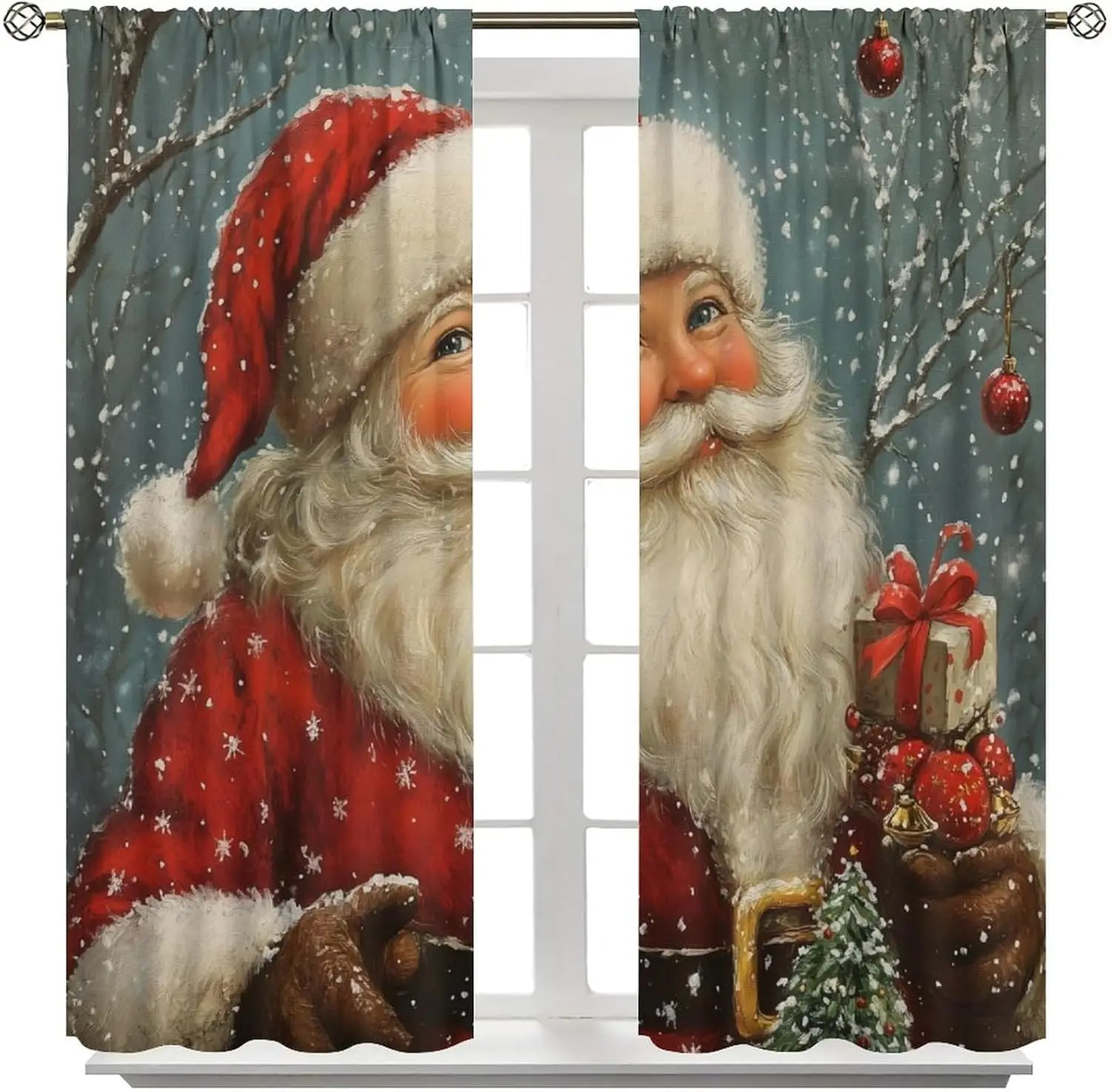 ستائر سانتا العتيقة مع طباعة سانتا اللطيفة، تصميم غابة الثلج الشتوية الريفية، ستائر احتفالية لديكور نافذة غرفة المعيشة