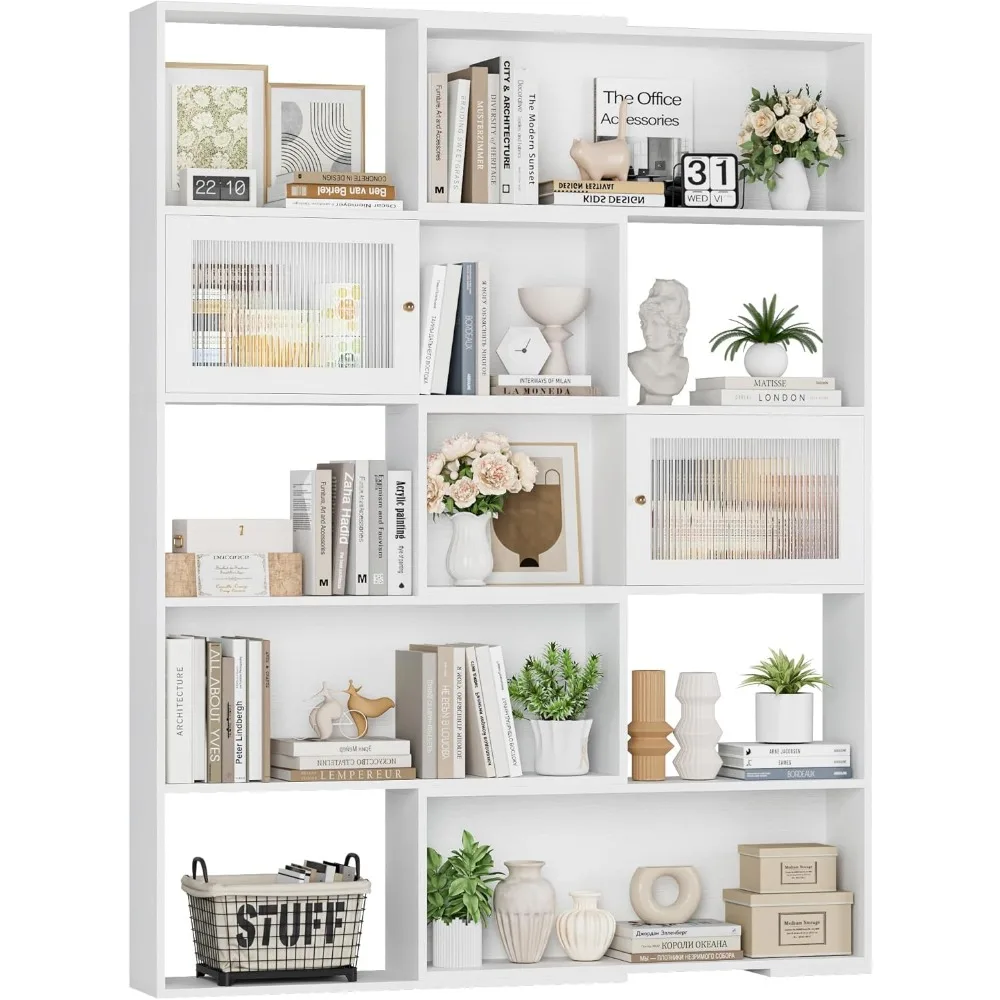 "رف كتب زاوية مكون من 5 طبقات مع أبواب، وخزانة كتب طويلة للتخزين للعرض والتنظيم"