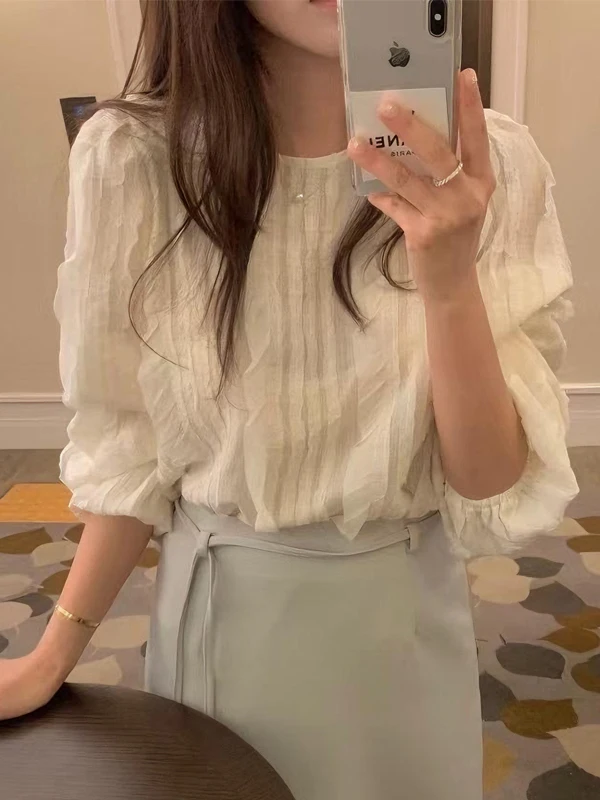 Casual Chic Long Sve round Ne Lace Splice Bubble Sve irt Women's Top Gentle Sle Loose Fit Faion for Young Girls