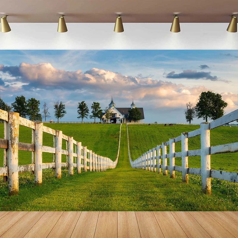 Horse Farm Photography Backdrop Kentucky Paddock Green Trees Blue Sky White Clouds Background Birthday Party Decor Photoshoot