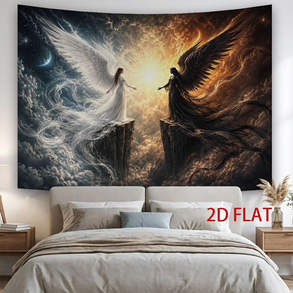 Light Dark Angel Tapestry, White Black Winged Angel On Cliff Cloud Sky, Fantasy Heaven Scene Wall Hanging for Bedroom Dorm Decor