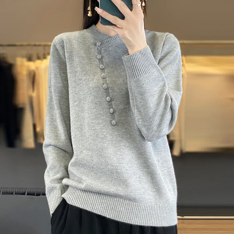 

Pop Spring Autumn Sweater Women Knit O-neck Sweater Long Sleeve Tops Fashion Loose Botton Pullover Winter Female Basic Casual Ju