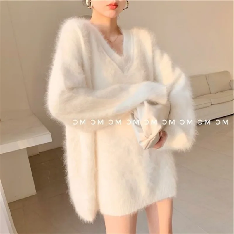 

Fluffy Sweater Autumn Winter Women's Clothing Y2k Streetwear Mink V-neck Soft Pullover Jumper Loose Long Sleeve Tops New White