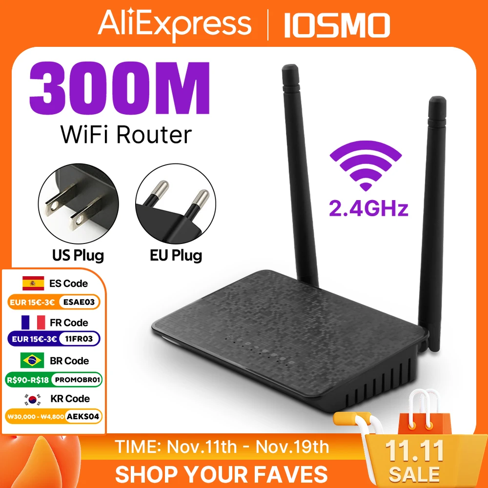 

Беспроводной Wi-Fi-маршрутизатор 300 м, точка доступа 2,4G, Wi-Fi, сетевой коммутатор сигналов дальнего действия, порта WAN/LAN, 2 стандартных вилки, повторитель Wi-Fi