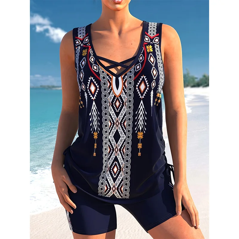 

2025 Vacation Style Two-Piece Swimsuit for Women Tankini Li European American New Conservative Boxer Heart and Liver Bac