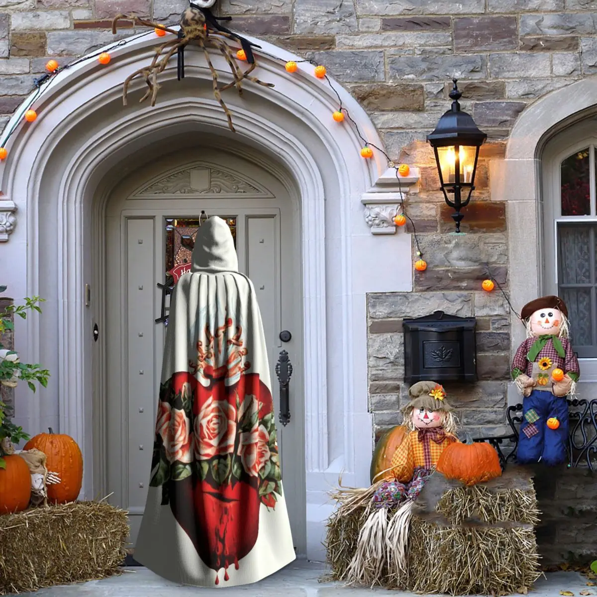 เสื้อคลุมยาวมีฮู้ดลายพระแม่มารี พระหฤทัยบริสุทธิ์ ชุดคอสเพลย์แม่มดยุคกลาง ผ้าคลุมฮาโลวีน แวมไพร์ สำหรับผู้ใหญ่ ทุกเพศ