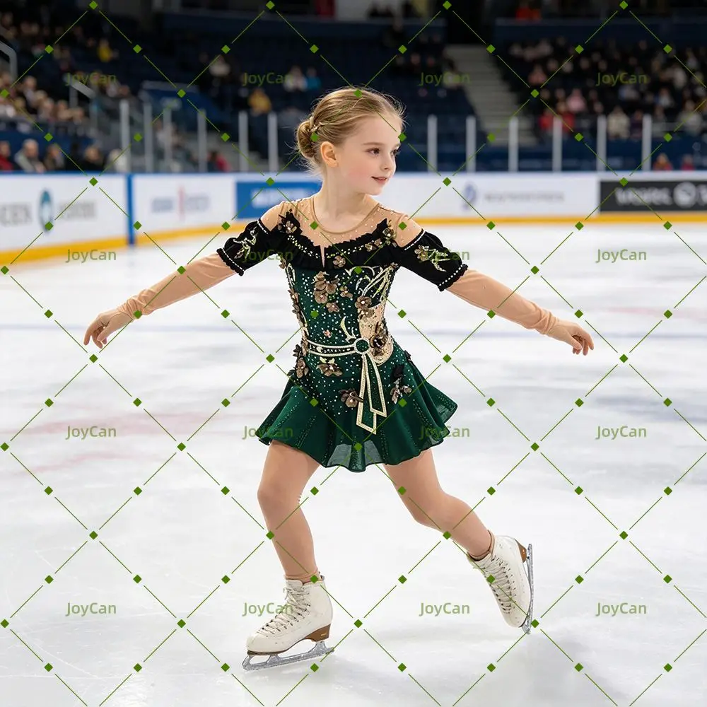 JoyCan Ice Figure  Skating  Dress Girls Red Spandex Stretchy Mesh Competition Dance Wear Customized BD1171