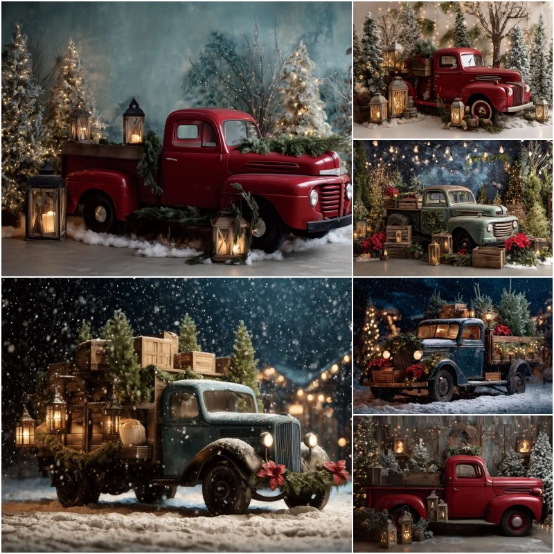 Vintage Pickup Truck Christmas Photography Backdrop Snowy Xmas Gift Wooden Family Party Decor Backgrounds for Photographs Props
