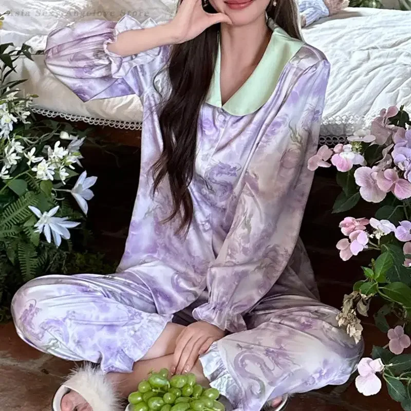 

Женская новая одежда для сна, пижамный комплект из 2 предметов, шелковый атлас с принтом, брючные костюмы с длинными рукавами, одежда для дома, свободная пижама Pour Femme, домашняя одежда