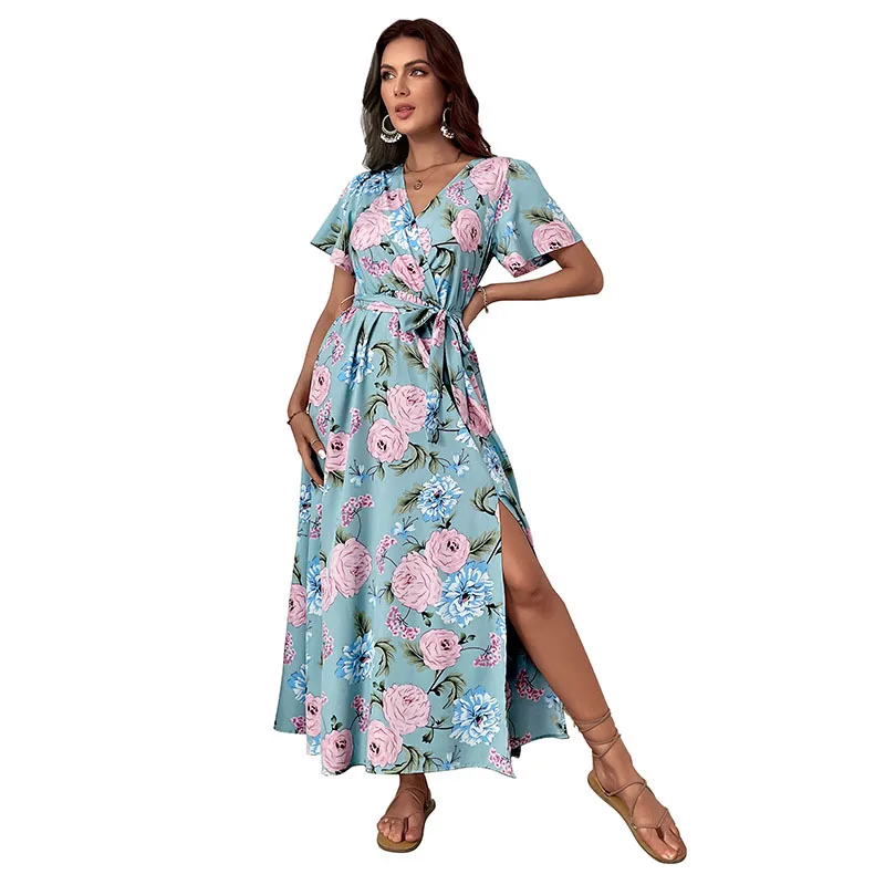 

Summer Dress Women New Vintage Beach Skirt Seaside Holiday Print A-Line Mid-Calf V-Neck Bohemian Dresses For Women Vestidos