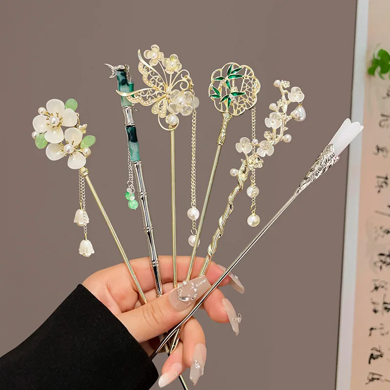 

Заколка для волос в китайском стиле в стиле ретро для женщин, заколка для волос с кисточками, традиционный цветочный дизайн, аксессуары для волос, ювелирные изделия, заколка для волос, игла