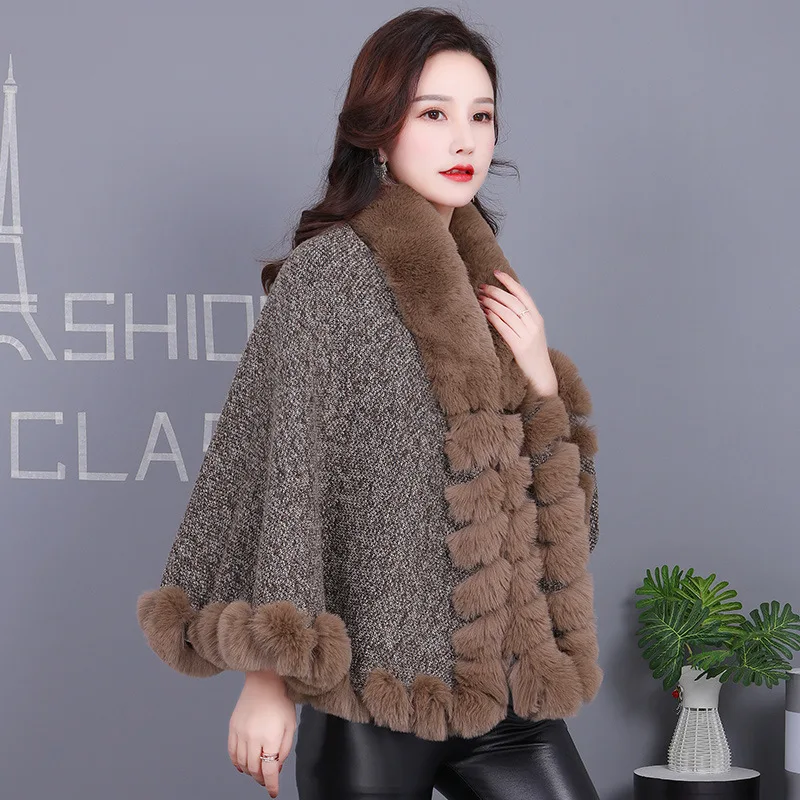 

New Autumn Winter Women Real Mink Fur Shawl Fashion Knitted Genuine Cape with Natural Fox Fur Collar Scarf Luxury Cloak Wh136