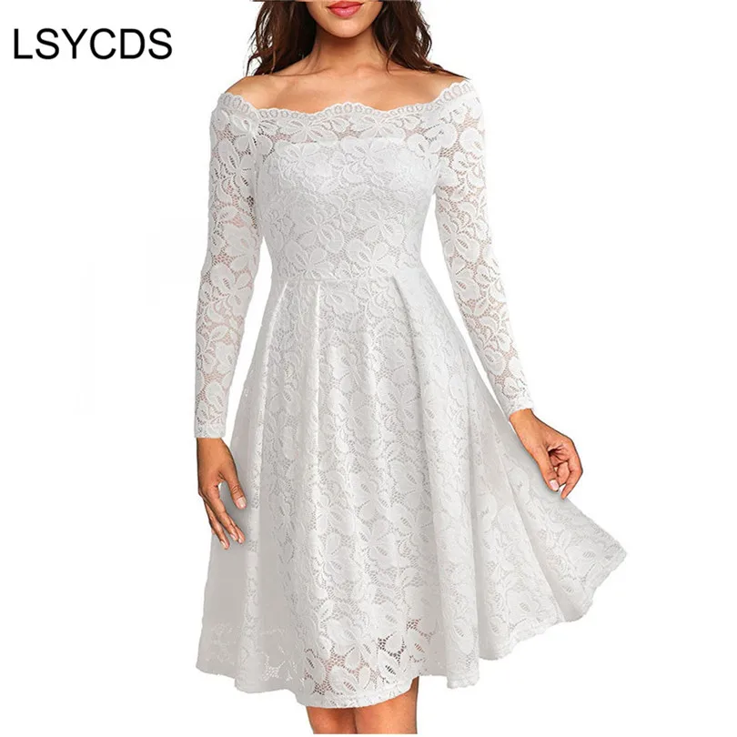 Woman Dresses 2024 Long Sleeve Slash Neck Wedding Party Wear Casual A-line Sexy Red Black White Lace Dress  S-3XL