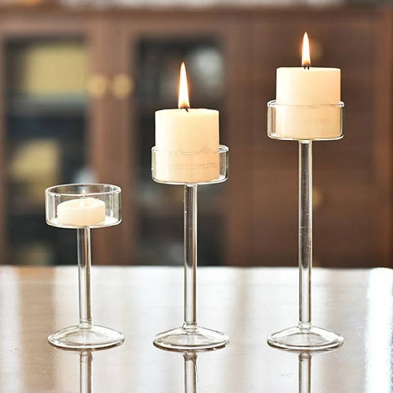 Vinatge Clear Glass Footed Candle Holder Long Stem Tall High Tealight Candlestick for Wedding Dinner Party Centerpiece