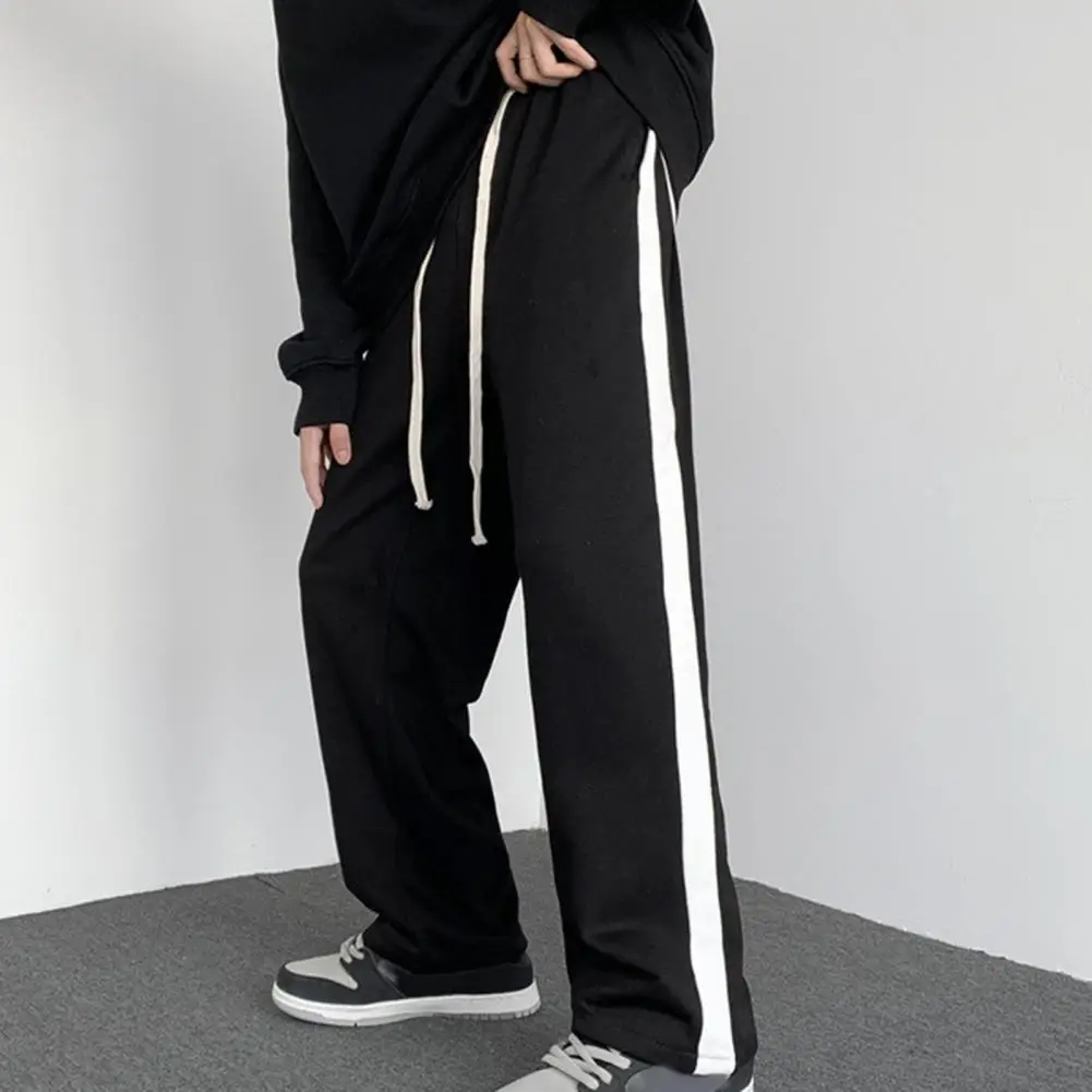 Elastic Waist Pants Men's Drawstring Sweatpants with Striped Pockets Elastic Waist Crotch for Spring Fall Wide Straight Loose