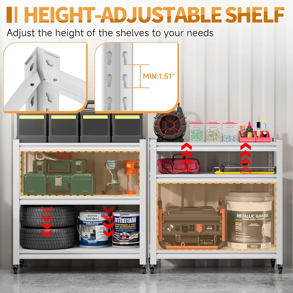 

Heavy-Duty Adjustable 3-Tier Mobile Workbench with Wheels, White, Ideal for Metal Garage Workshops and Tool Storage