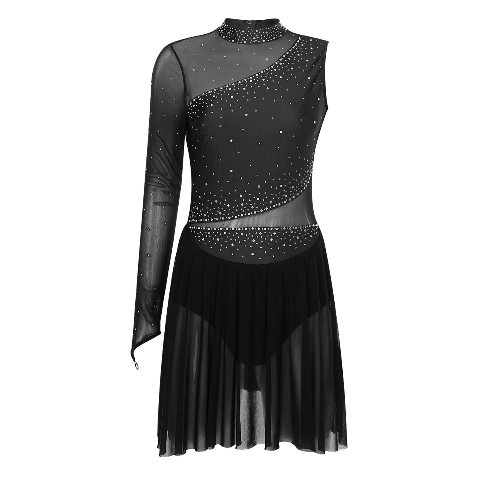 

Women Figure Ice Skating Dance Leotard Dress Single Sleeve Mock Neck Rhinestones Adorned Patchwork Overlay Performance Clothes