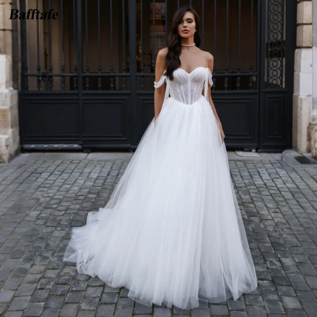 

Bafftafe A Line Tulle Wedding Dresses Pleated Pearls Bride Weding Gowns Off The Shoulder Women Party Bridal Gowns Customized