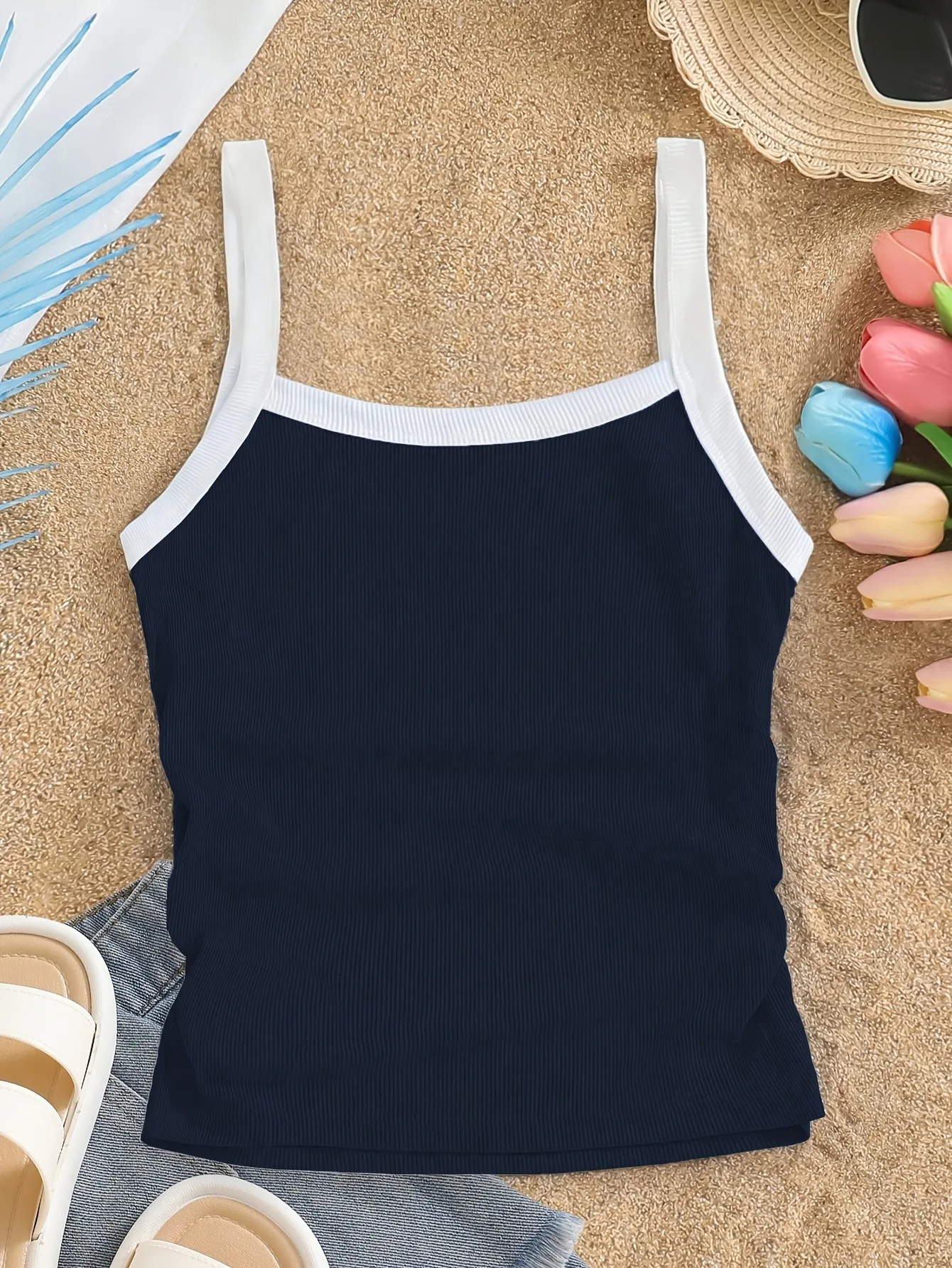 Comfy Kids Girls Summer Knit Tank Top, Color Block White Edge Square Neck Ruched Camis for Beach & School Outfit