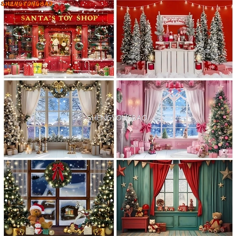 

Christmas Tree With Gift Boxes Photography Backdrops Winter Snow Decorations Wooden Door Fireplace Room Background Props ST-01