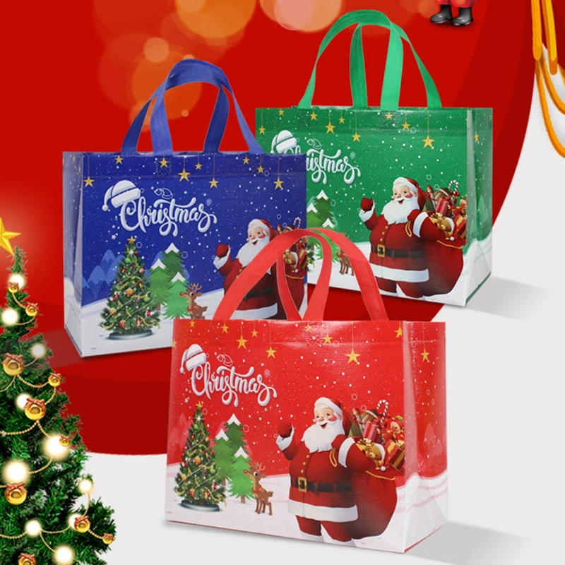 Christmas Non-woven Fabric Tote Bags Candy Gift Packaging Santa Claus/Snow Man Printed Kids Favors New Year Gift Shopping Bags