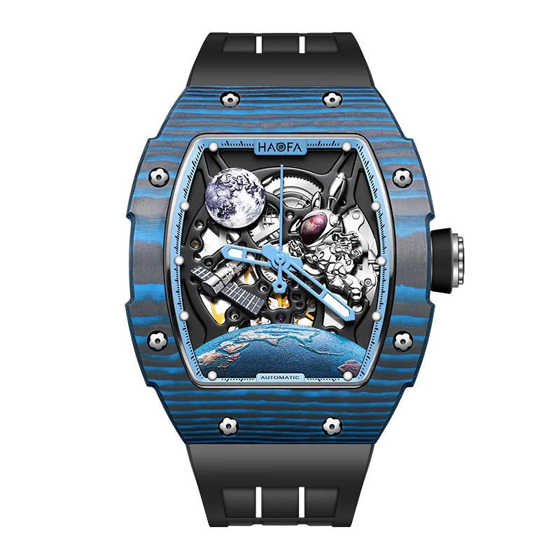 Haofa Automatic Mechanical Watch for Men 3D Moon Rabbit Hollow Carbon Fiber Watch Luminous Interstellar Spaceship Men Watch 1986