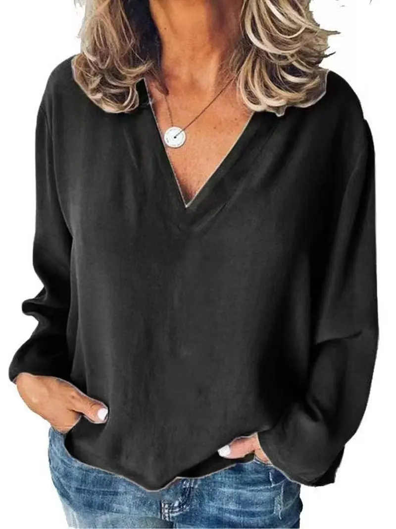 Women's Plus Size Stitching Shirt Loose Stitching V‑neck Long Sleeve Pullover Chiffon Shirt Fall Top Simple Elegant Street Blous