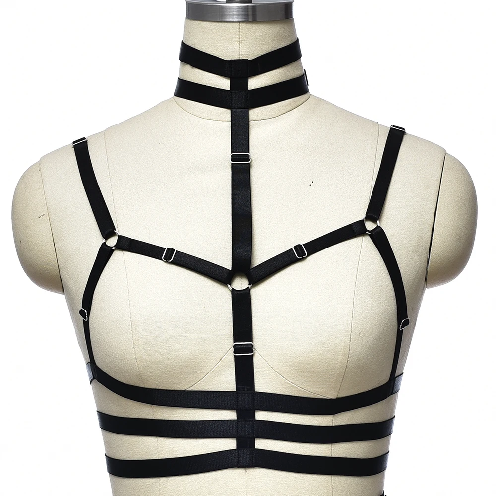 

Black Open Chest Harness Bra Elastic Hollow Bondage Adjustable Body Cage Women Sexy Lingerie Harajuku Halloween Body Harness Bra