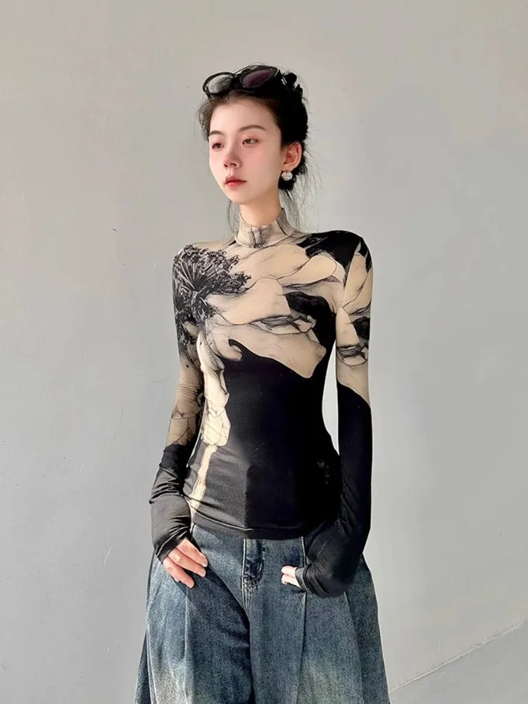 Chinese Style Flower Printed Bottoming Tops Women Spring New Turtleneck Slim Fit T-shirts Y2k E-Girl Long Sleeve Tee Shirt